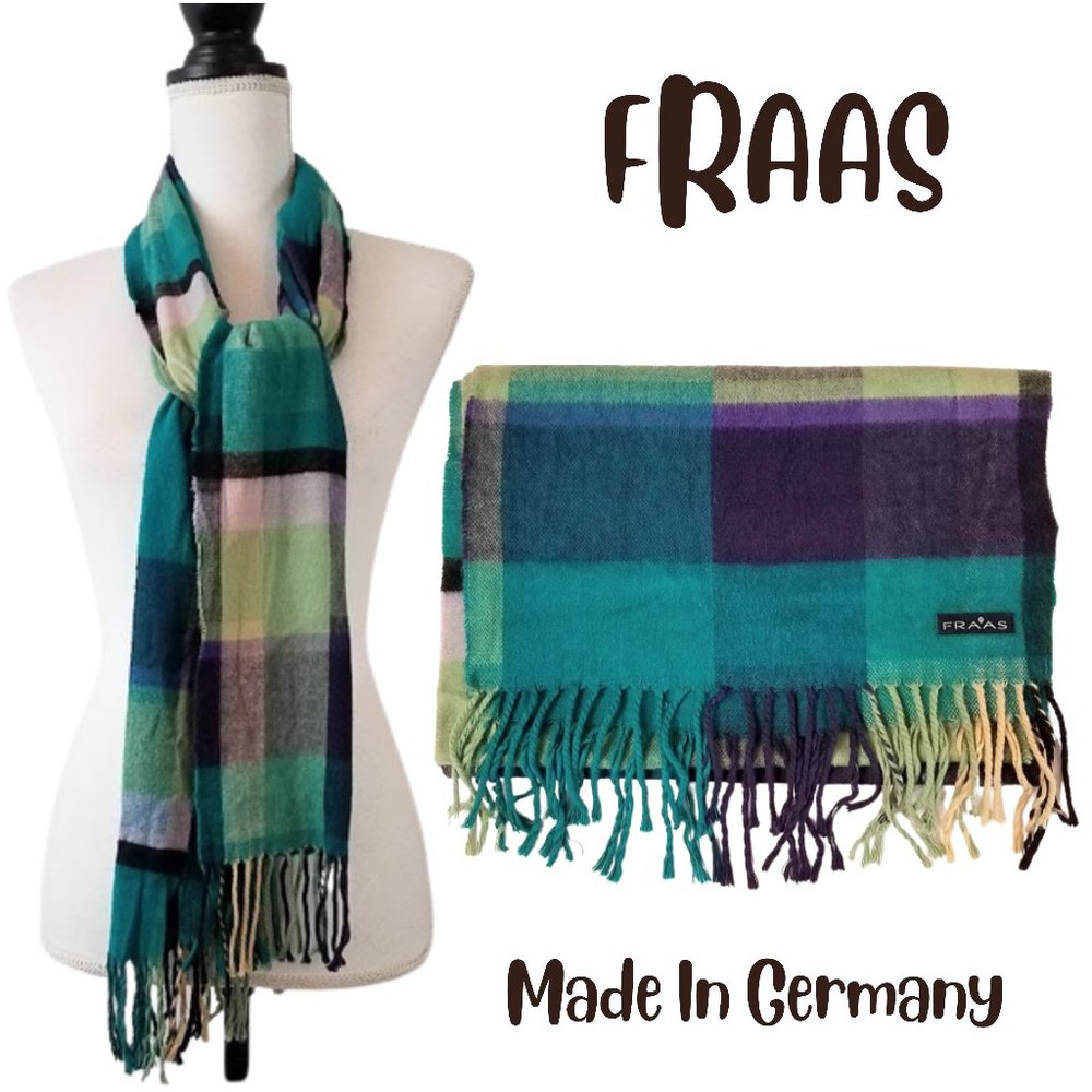 FRAAS Purple Green & Blue Fringe Scarf - Made In Germany - 100% Acrylic